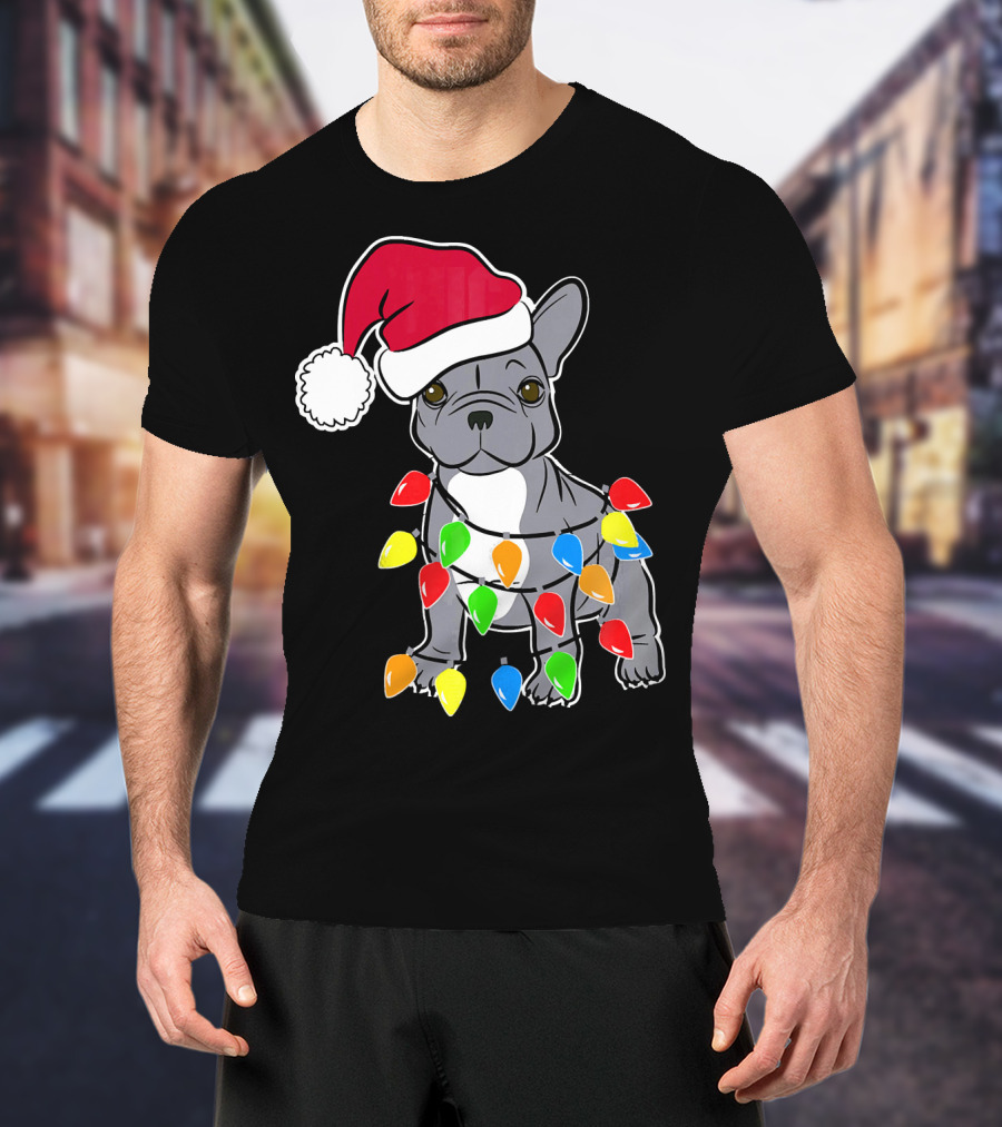 Santa French Bulldog With Christmas Lights T-Shirt