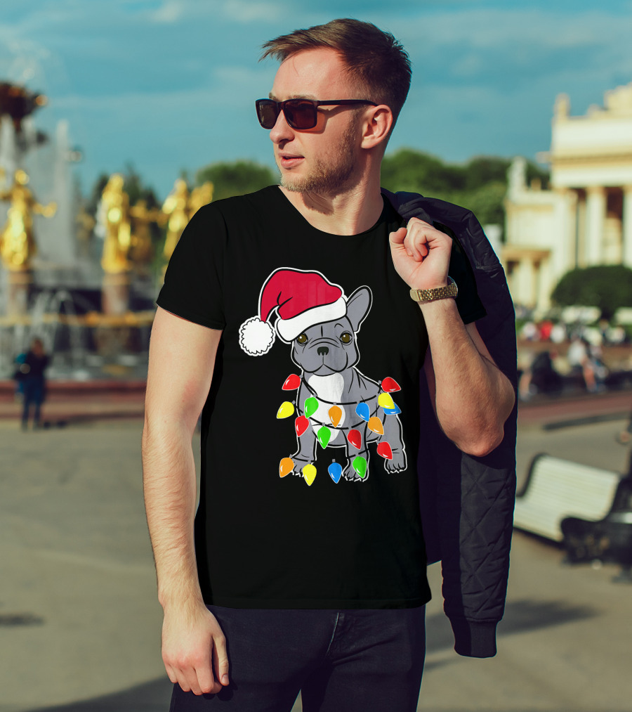 Santa French Bulldog With Christmas Lights T-Shirt