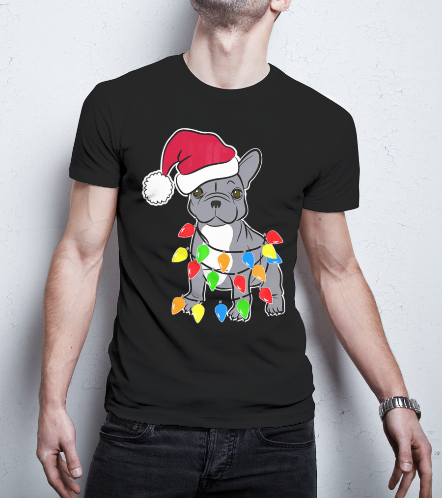 Santa French Bulldog With Christmas Lights T-Shirt