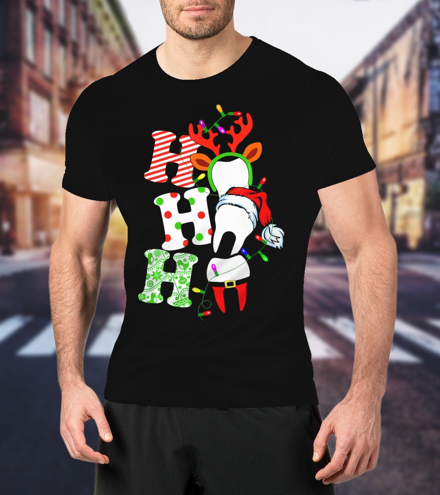 Ho Ho Ho Funny Santa Teeth Christmas Lights Reindeer Antlers T-Shirt