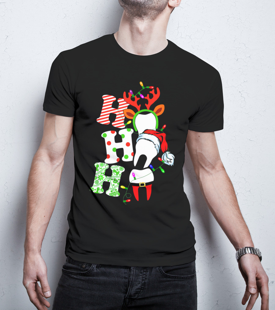 Ho Ho Ho Funny Santa Teeth Christmas Lights Reindeer Antlers T-Shirt