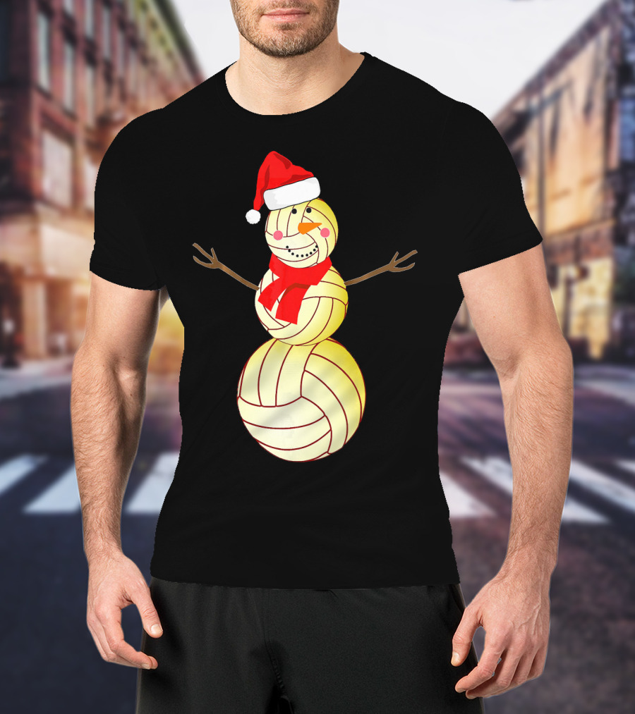 Funny Volleyball Snowman With Santa Hat And Scarf T-Shirt