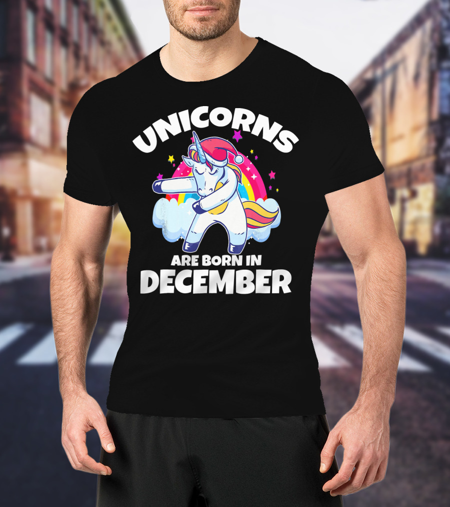 Unicorns Are Born In December Dabbing Unicorn Rainbow Stars Santa Hat T-Shirt