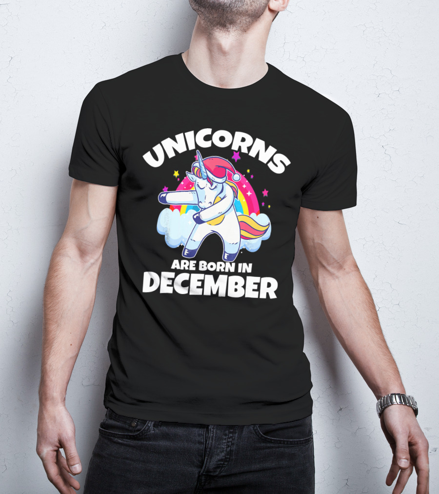 Unicorns Are Born In December Dabbing Unicorn Rainbow Stars Santa Hat T-Shirt