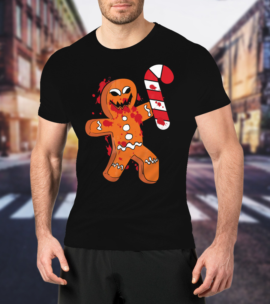 Christmas Horror Scary Gingerbread With Bloody Candy Cane T-Shirt