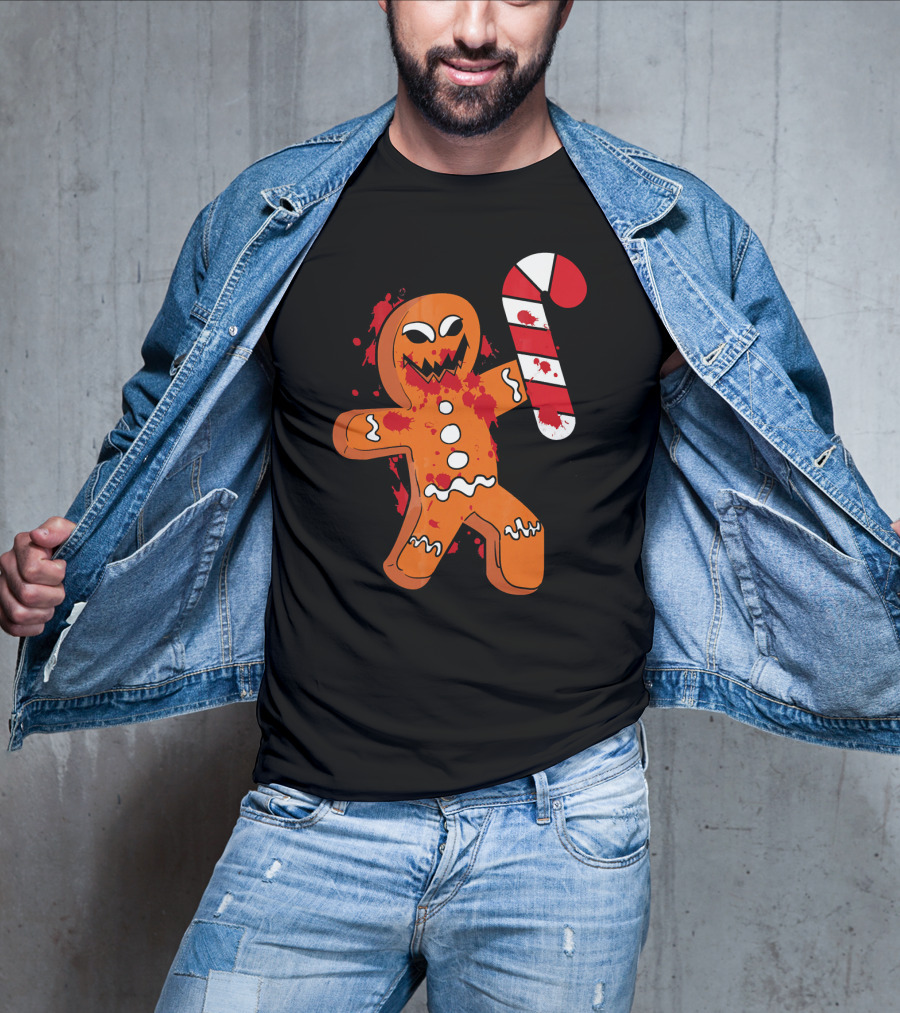 Christmas Horror Scary Gingerbread With Bloody Candy Cane T-Shirt