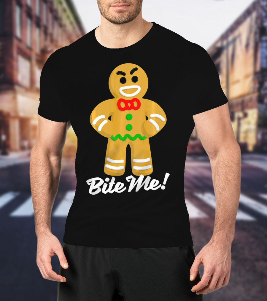 Funny Christmas Gingerbread Man Bite Me T-Shirt