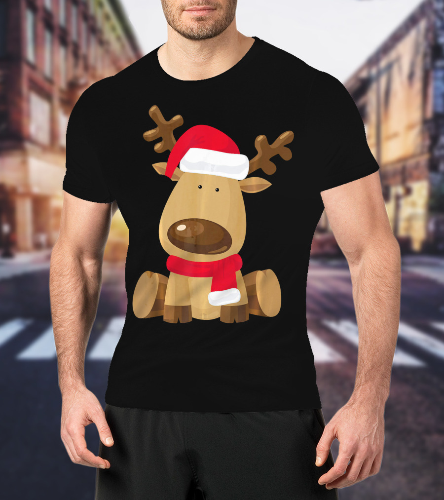 Adorable Festive Reindeer With Santa Hat And Scarf T-Shirt