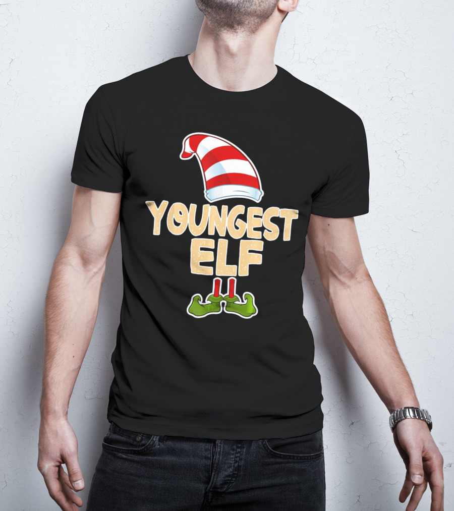 Youngest Elf Hat And Shoes Holiday Humor T-Shirt
