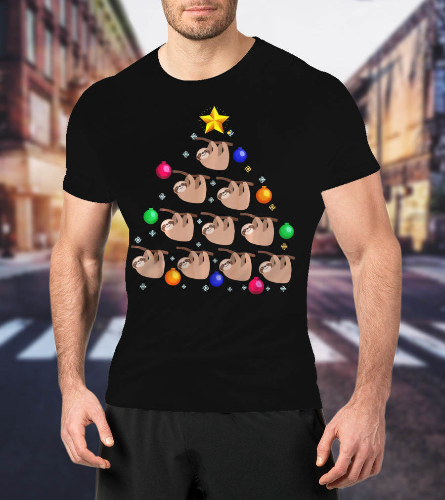 Sloth Hanging On Christmas Tree Ornaments With Star And Snowflakes T-Shirt