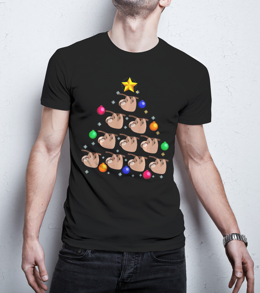 Sloth Hanging On Christmas Tree Ornaments With Star And Snowflakes T-Shirt