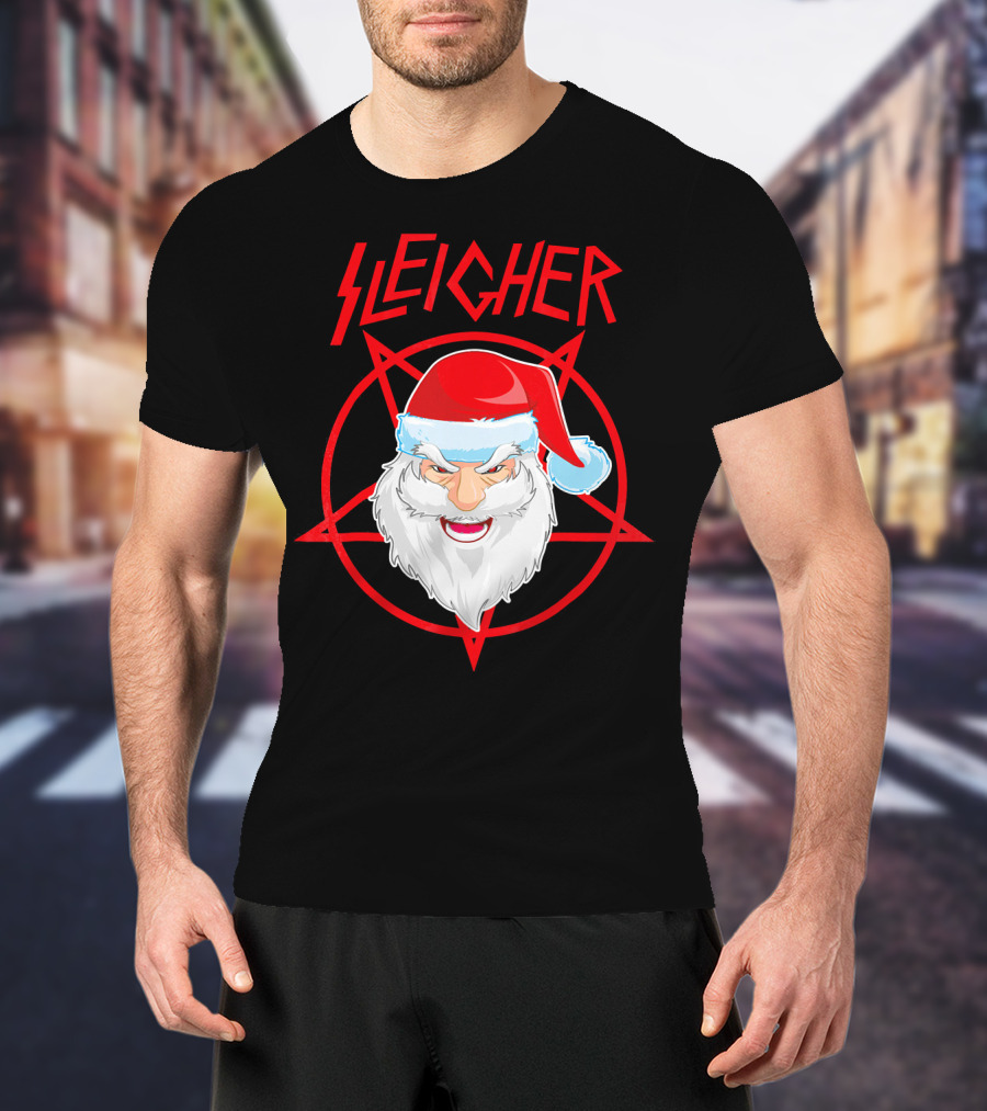 Sleigher Santa Claus Metal Christmas Coo Pentagram Santa Hat T-Shirt