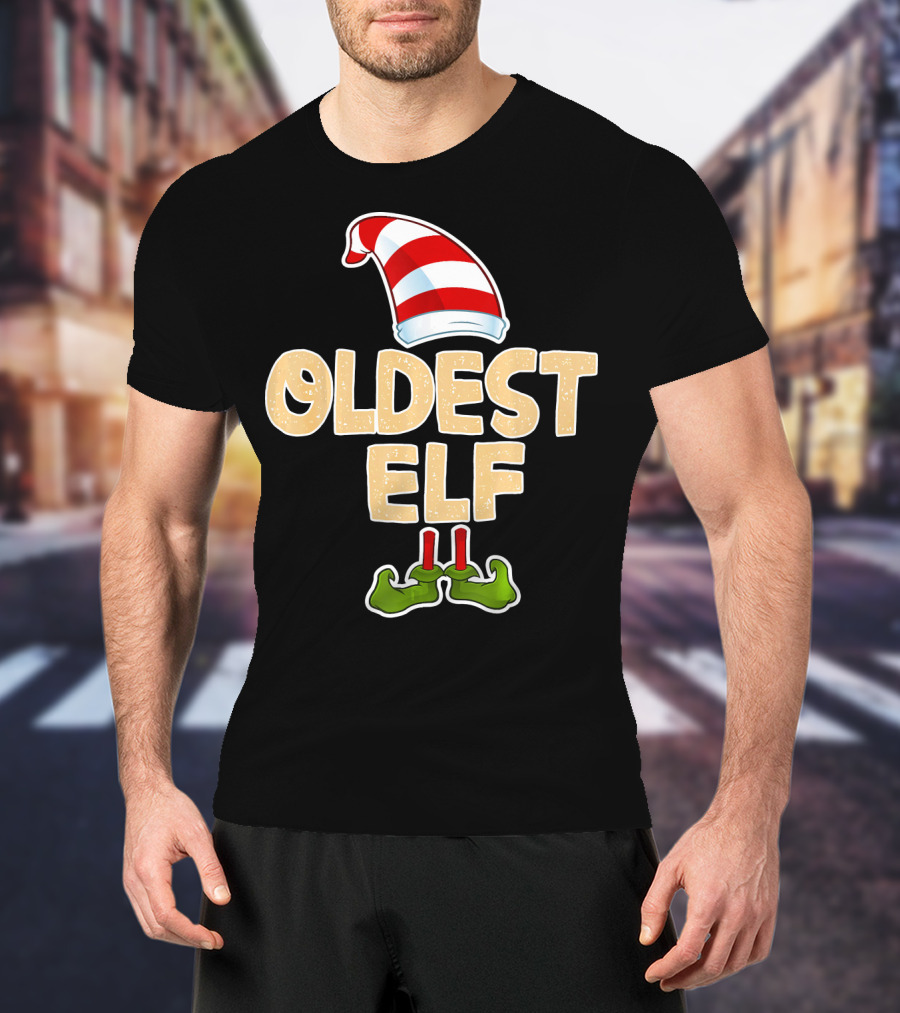 Oldest Elf Santa Hat Striped And Funny Green Shoes T-Shirt