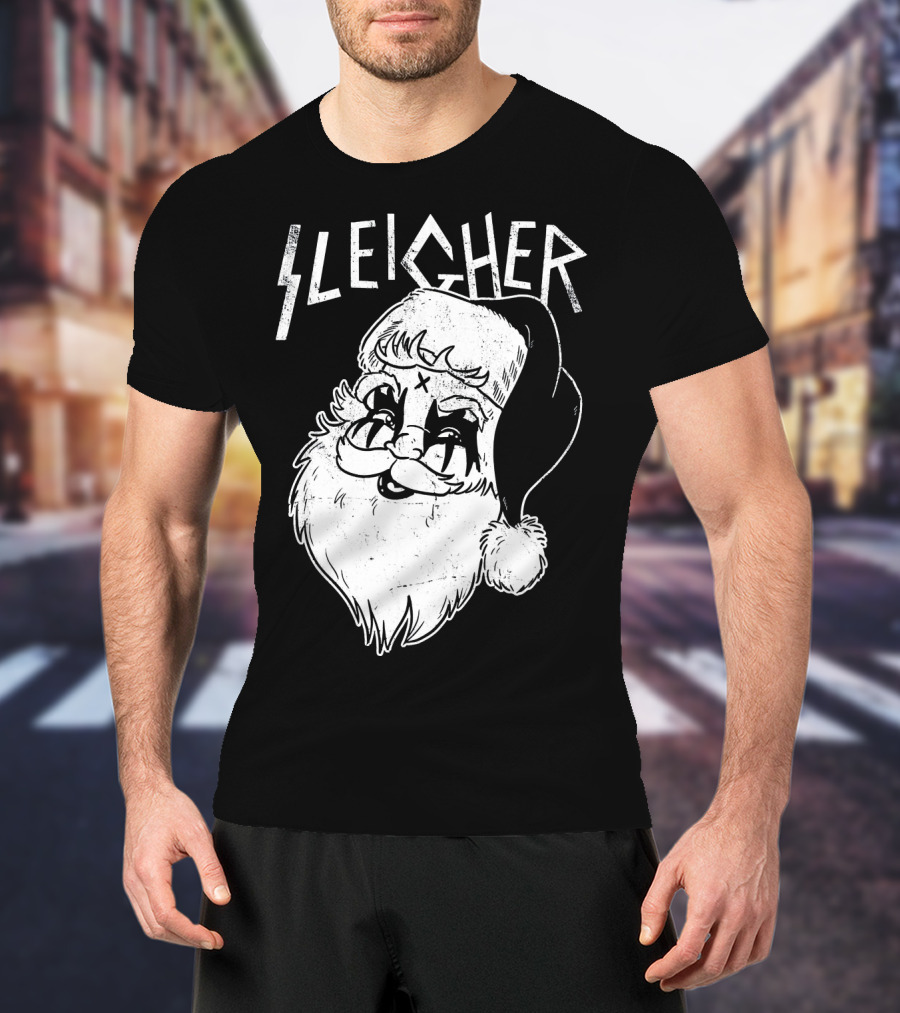 Sleigher Funny Christmas Black Metal Santa T-Shirt
