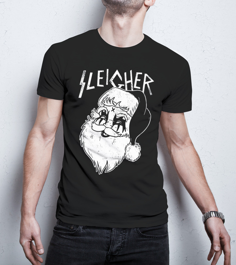 Sleigher Funny Christmas Black Metal Santa T-Shirt
