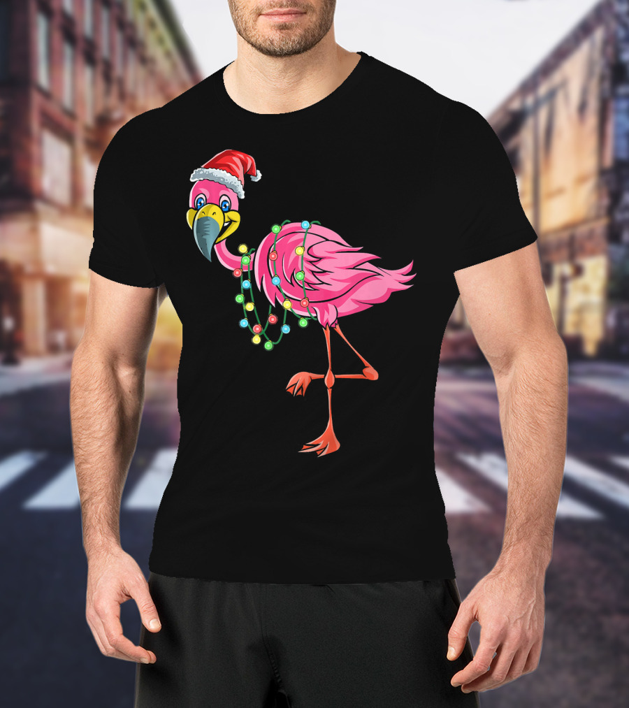 Christmas Flamingo Santa Hat Festive Lights Fun T-Shirt