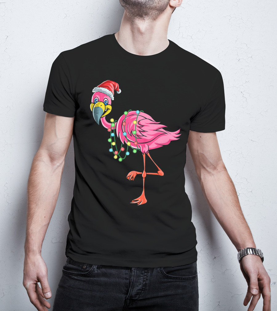 Christmas Flamingo Santa Hat Festive Lights Fun T-Shirt