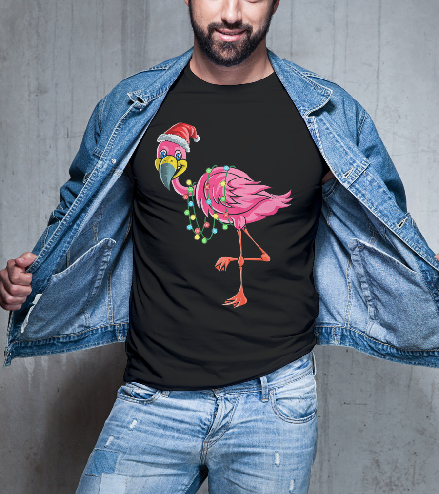 Christmas Flamingo Santa Hat Festive Lights Fun T-Shirt