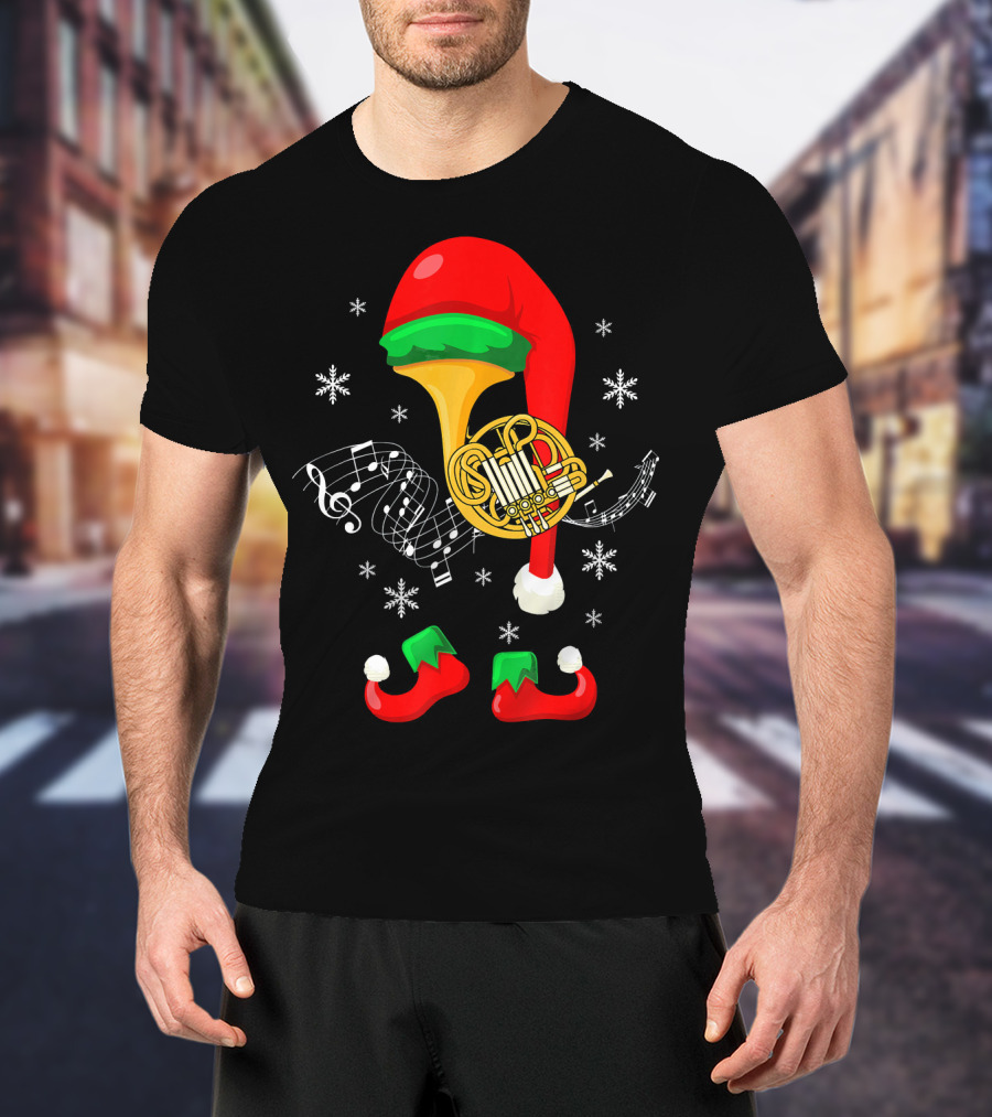 Elf French Horn Music With Christmas Hat And Shoes T-Shirt