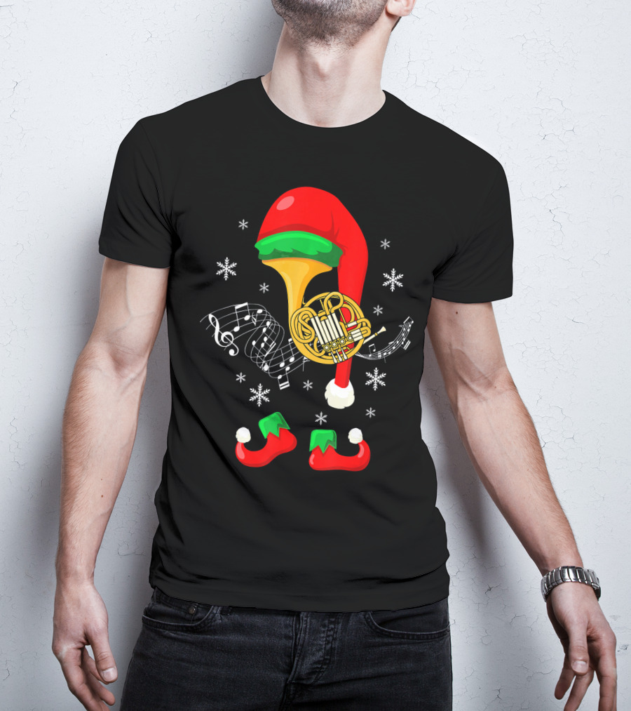 Elf French Horn Music With Christmas Hat And Shoes T-Shirt