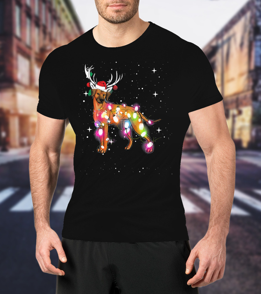 Christmas Lights Rhodesian Ridgeback Dog With Antlers Santa Hat T-Shirt