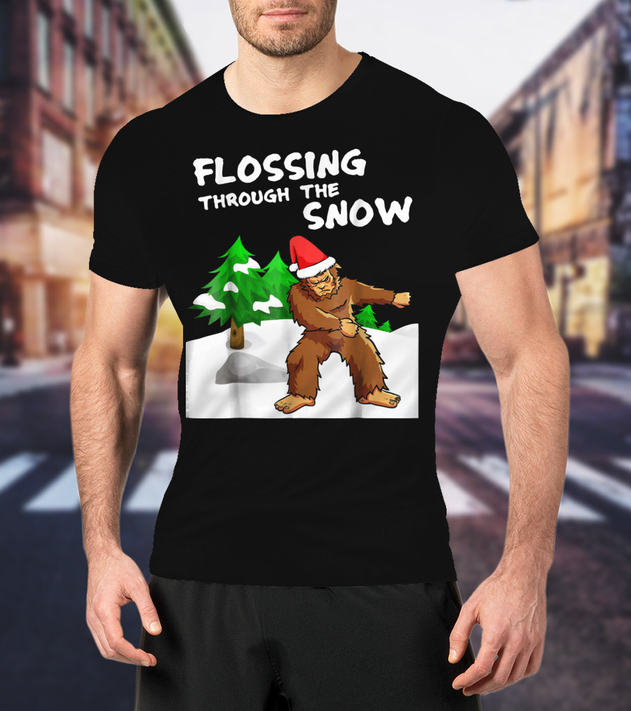 Flossing Through The Snow Bigfoot Santa Hat Winter Scene T-Shirt