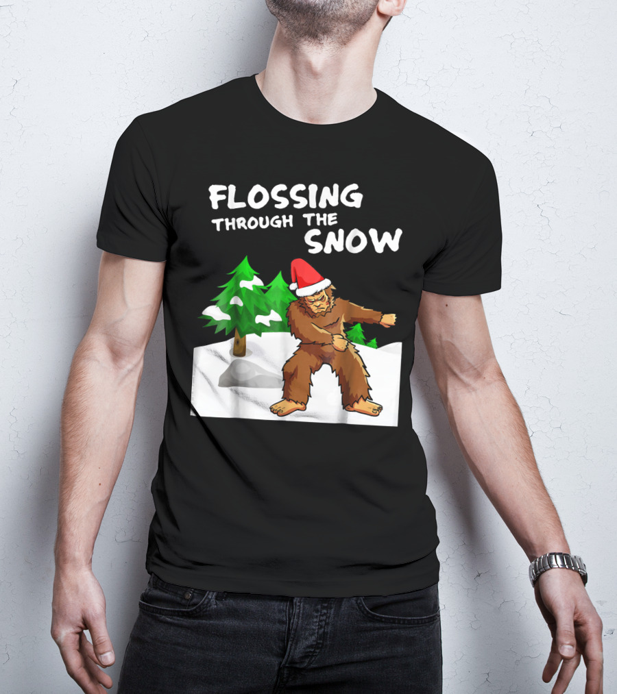 Flossing Through The Snow Bigfoot Santa Hat Winter Scene T-Shirt