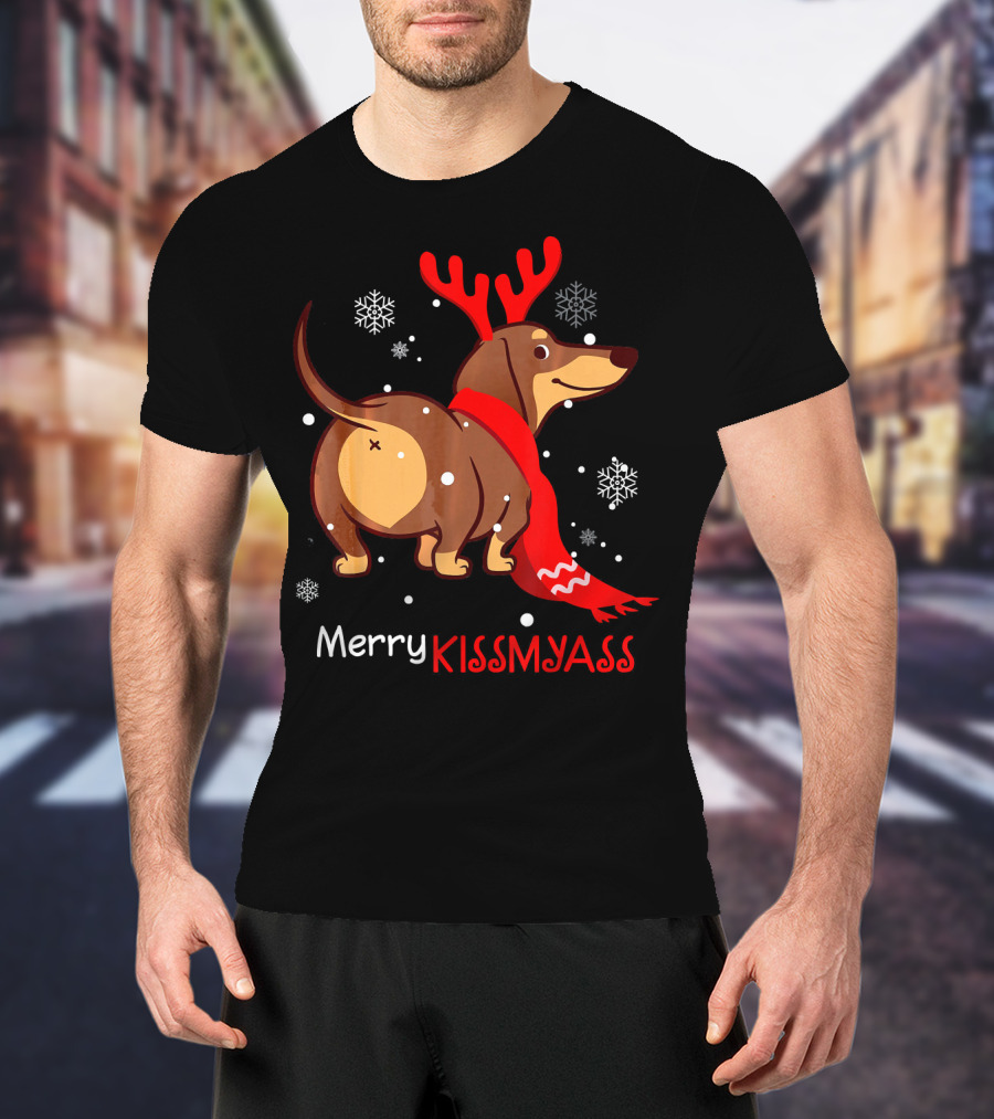 Funny Dog Dachshund Christmas Merry Kiss My Ass T-Shirt