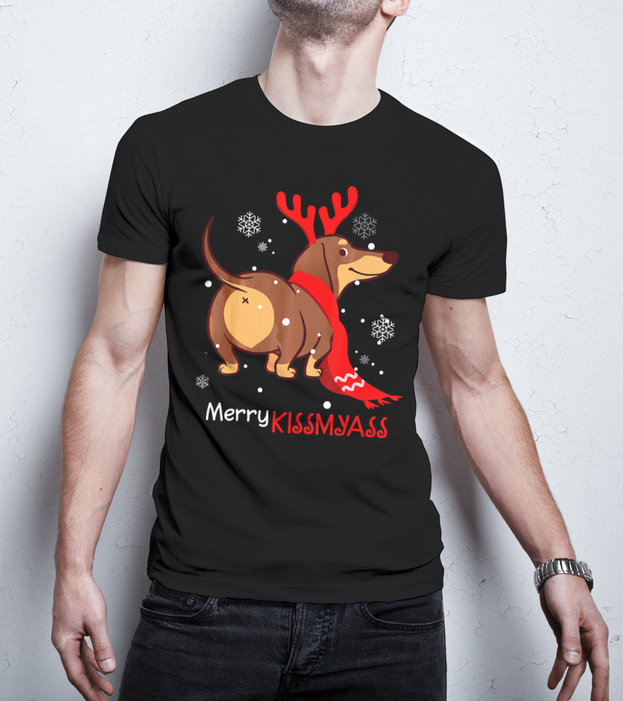 Funny Dog Dachshund Christmas Merry Kiss My Ass T-Shirt