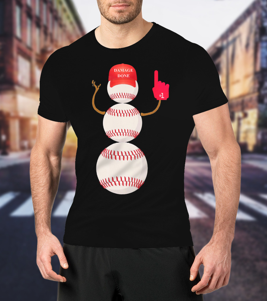 Damage Done Baseball Snowman With Red Cap And Foam Finger T-Shirt