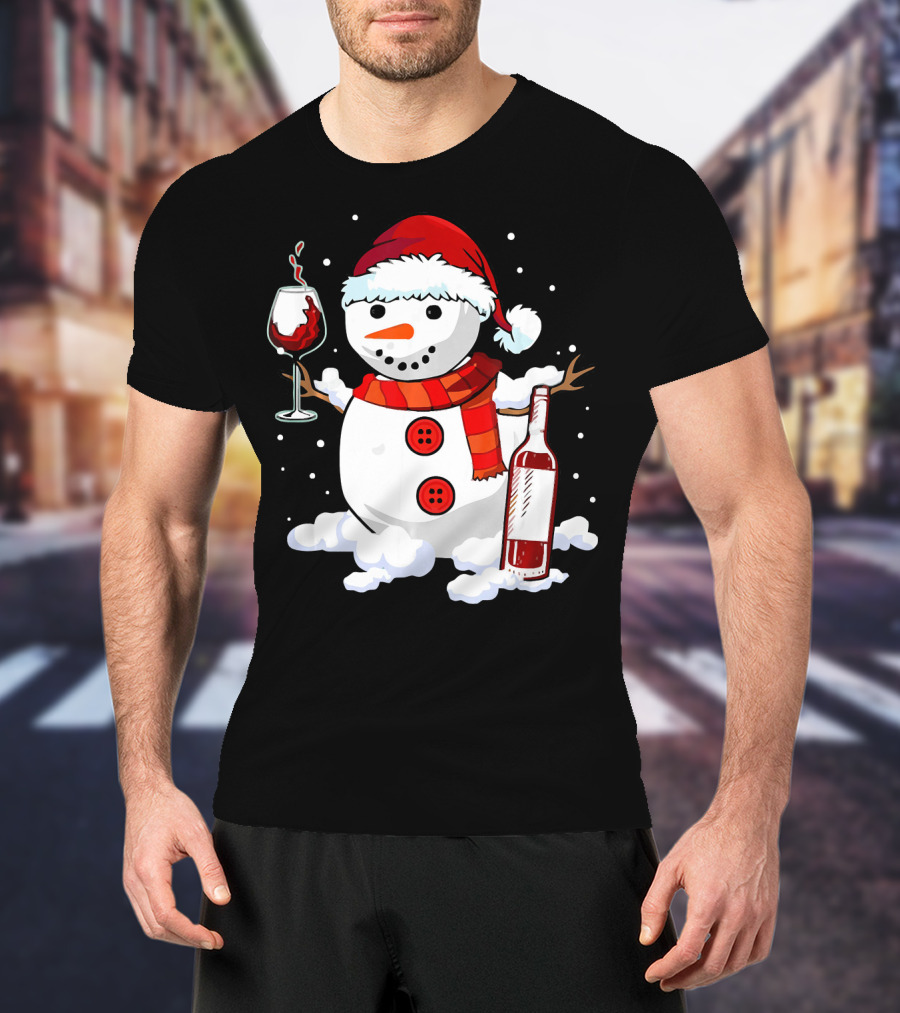 Snowman With Santa Hat And Scarf Holding Wine Glass And Bottle Christmas Drinking T-Shirt