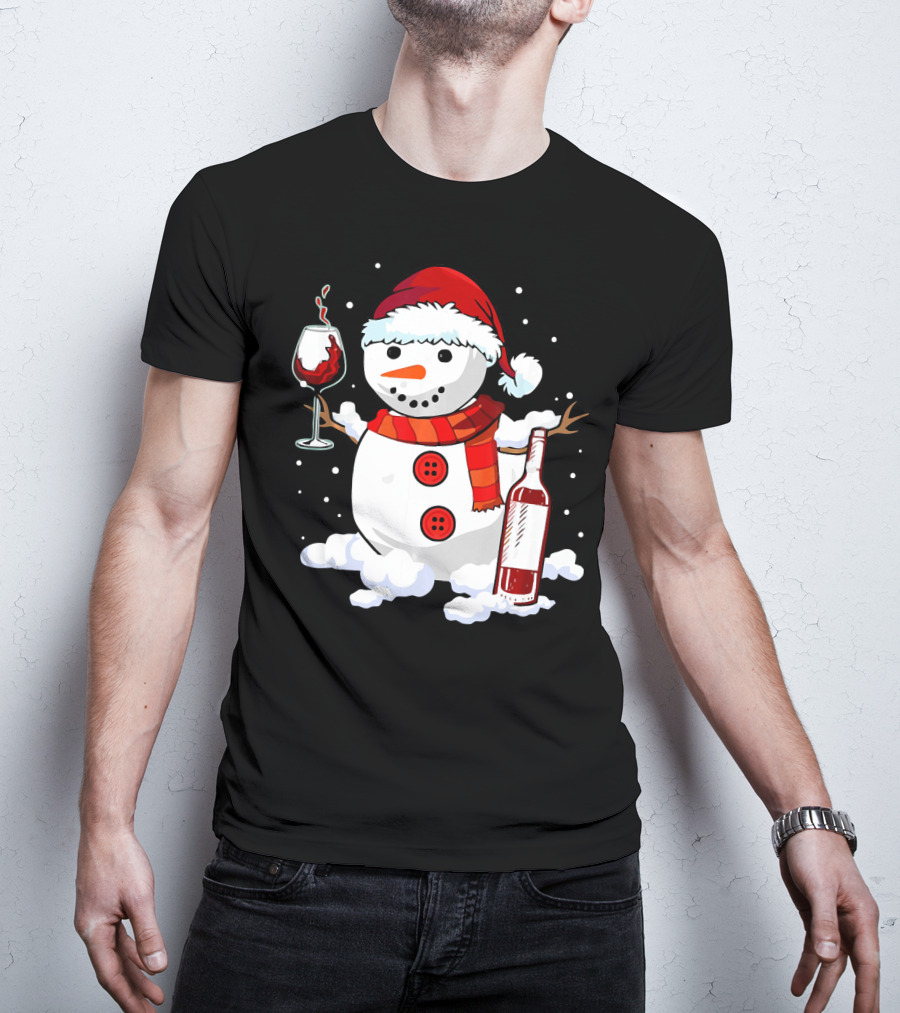 Snowman With Santa Hat And Scarf Holding Wine Glass And Bottle Christmas Drinking T-Shirt