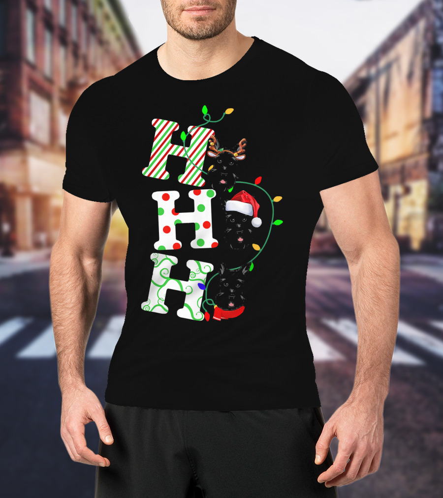 Scottish Terrier Ho Ho Ho Christmas Lights Santa Hat And Antlers T-Shirt