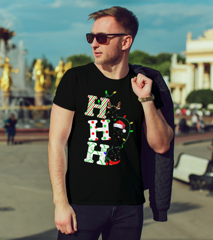 Scottish Terrier Ho Ho Ho Christmas Lights Santa Hat And Antlers T-Shirt