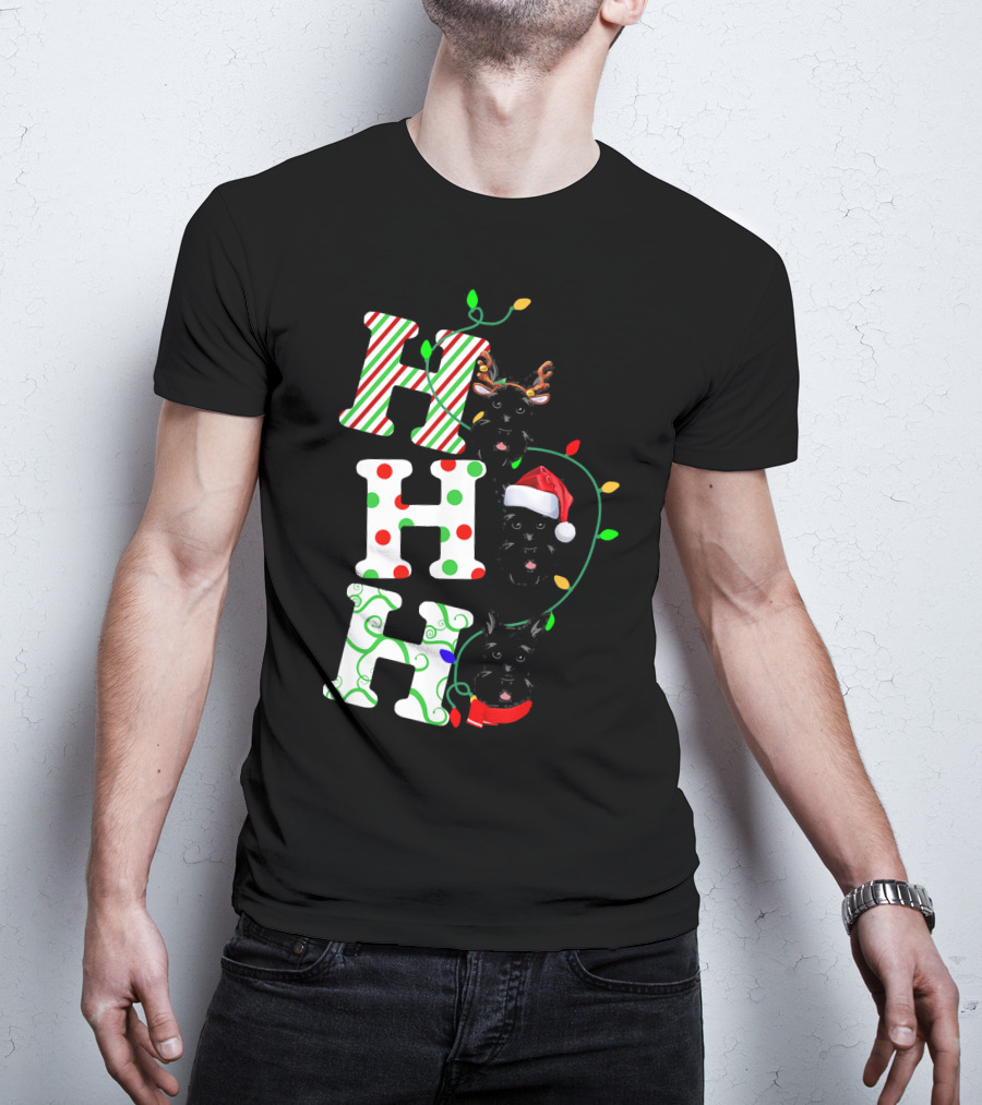 Scottish Terrier Ho Ho Ho Christmas Lights Santa Hat And Antlers T-Shirt