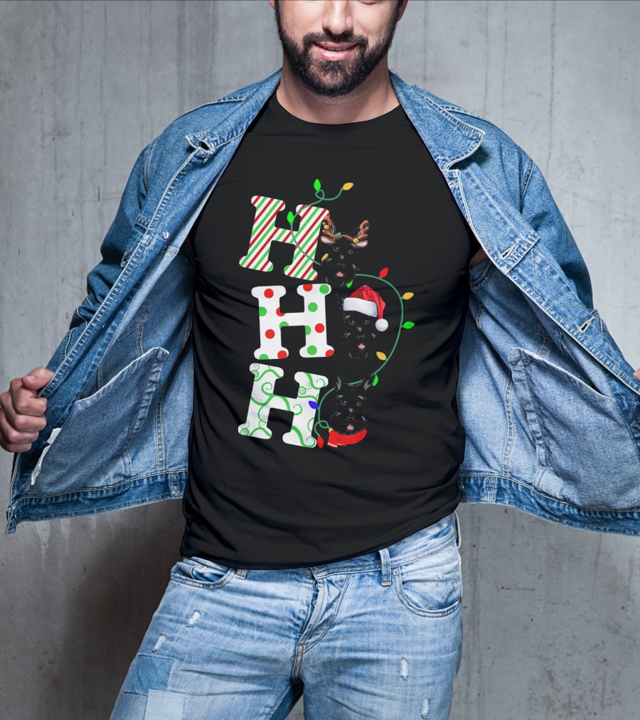 Scottish Terrier Ho Ho Ho Christmas Lights Santa Hat And Antlers T-Shirt