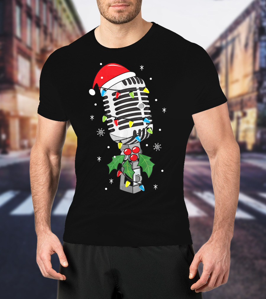 Retro Microphone With Santa Hat And Holiday Lights T-Shirt