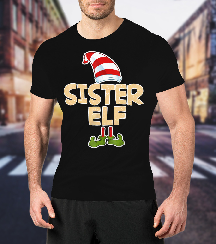 Sister Elf Merry Funny Christmas Hat And Shoes T-Shirt