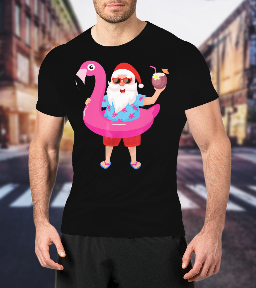 Funny Santa Claus With Flamingo And Tropical Drink T-Shirt