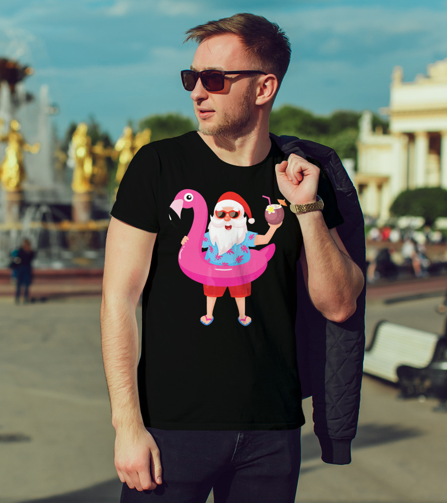 Funny Santa Claus With Flamingo And Tropical Drink T-Shirt