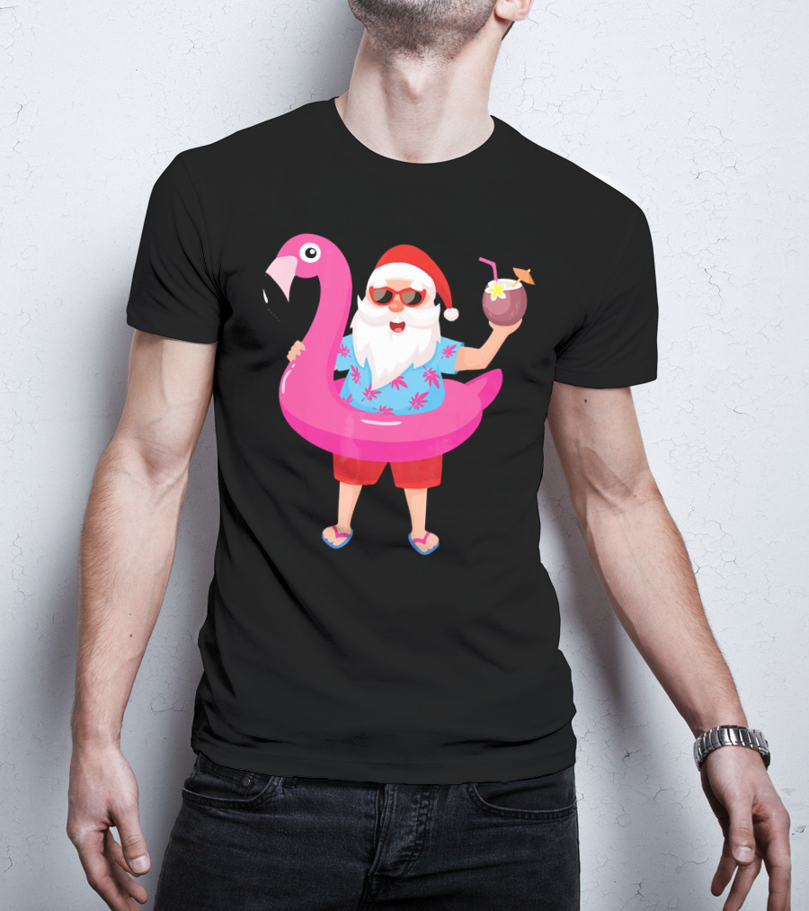Funny Santa Claus With Flamingo And Tropical Drink T-Shirt