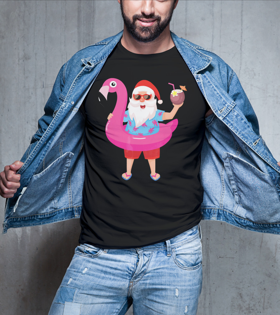 Funny Santa Claus With Flamingo And Tropical Drink T-Shirt