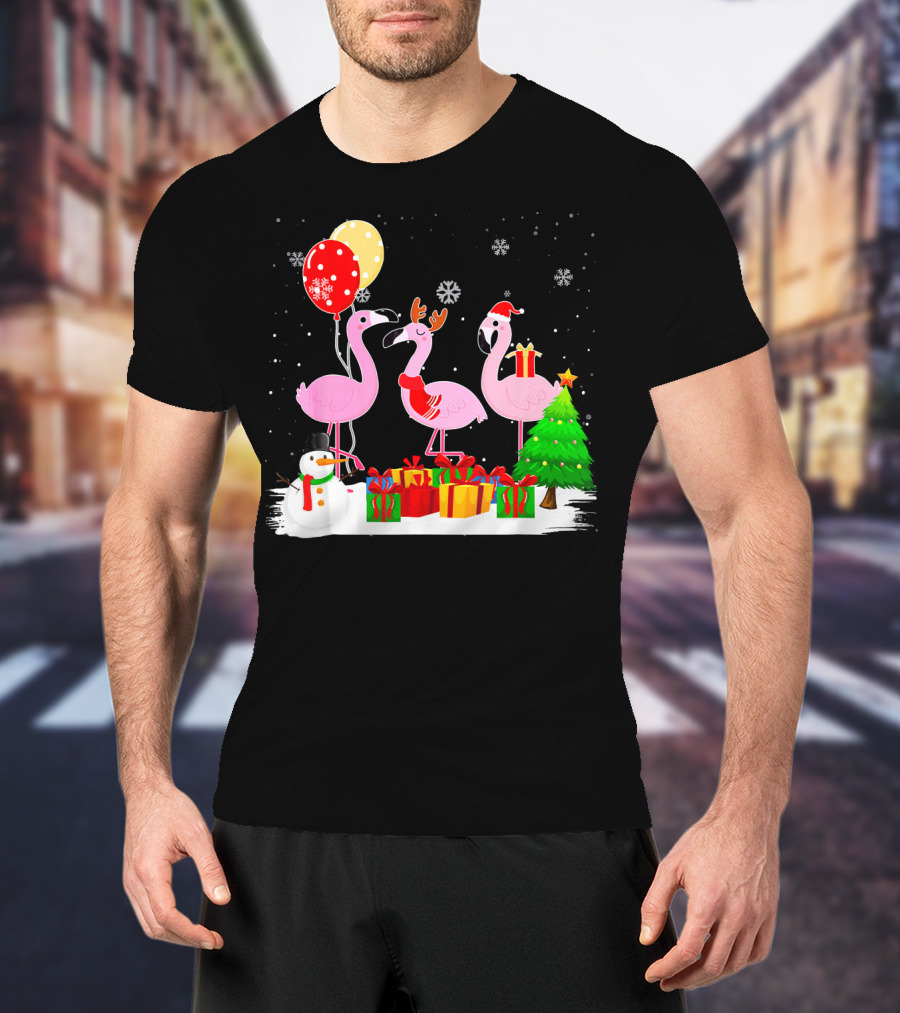 Three Flamingos Xmas Santa With Christmas Tree Presents Snowman Balloons T-Shirt