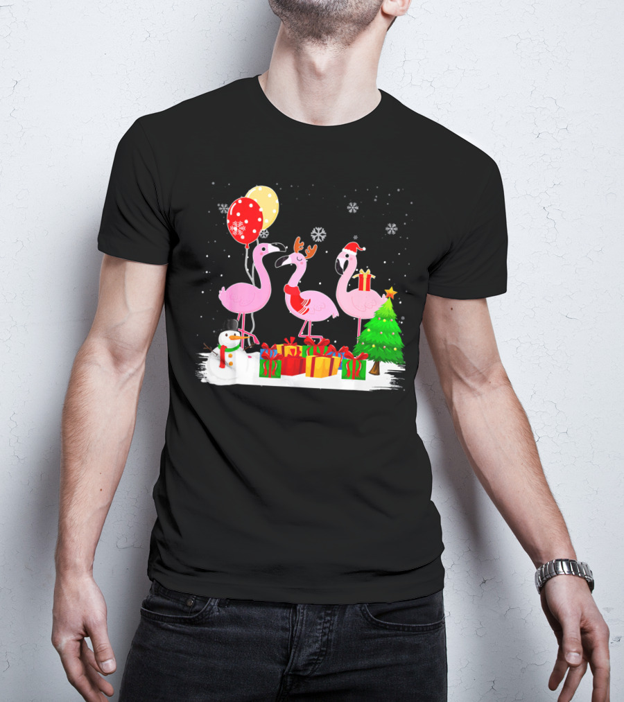 Three Flamingos Xmas Santa With Christmas Tree Presents Snowman Balloons T-Shirt