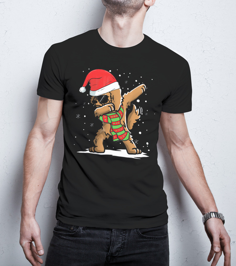 Dabbing Goldendoodle Santa With Red Hat And Christmas Scarf T-Shirt