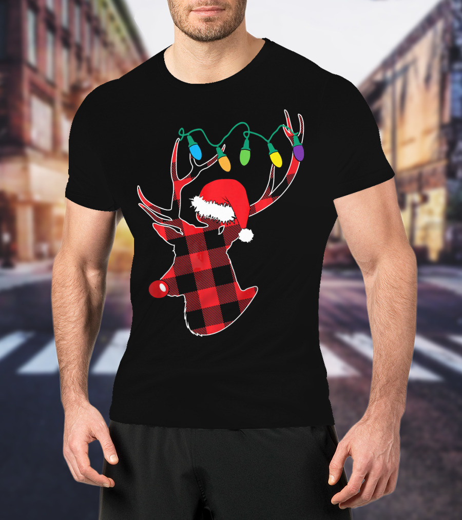 Christmas Deer Santa Hat Buffalo Plaid String Lights T-Shirt