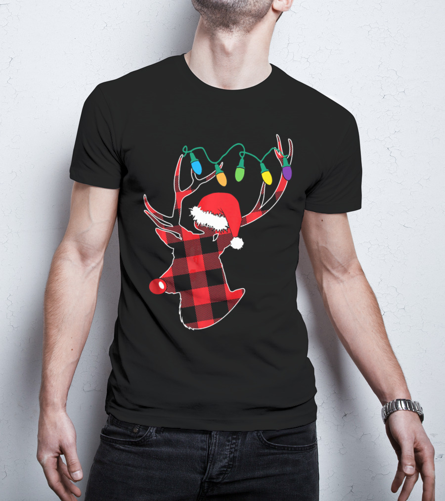 Christmas Deer Santa Hat Buffalo Plaid String Lights T-Shirt