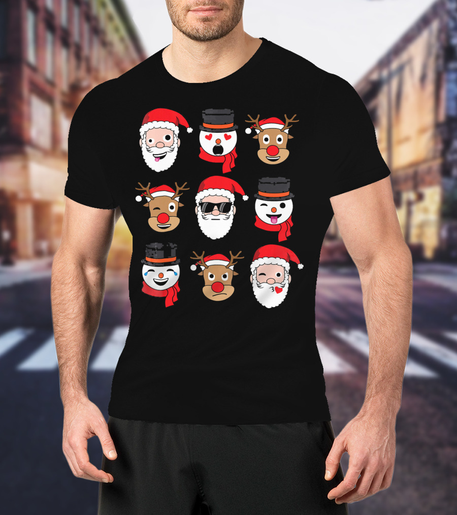 Santa Claus Emoji Faces With Reindeer And Snowman Expressions T-Shirt
