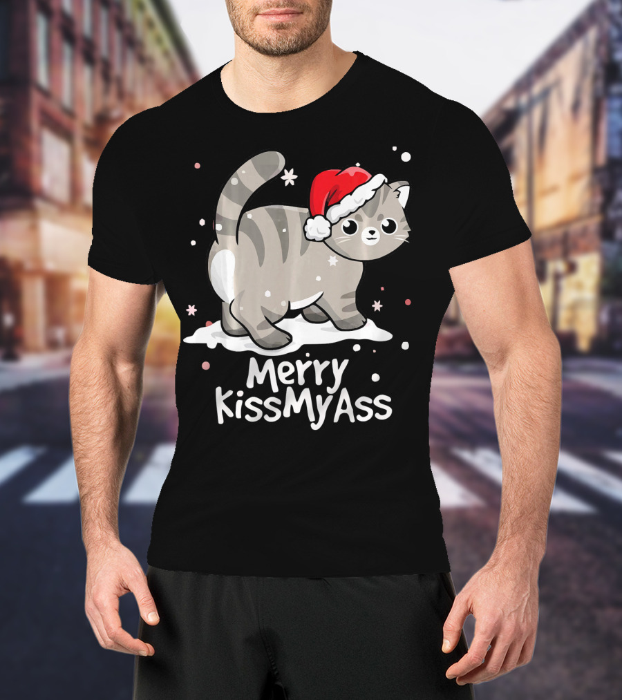 Merry KissMyAss Cat With Santa Hat In Snowflakes T-Shirt