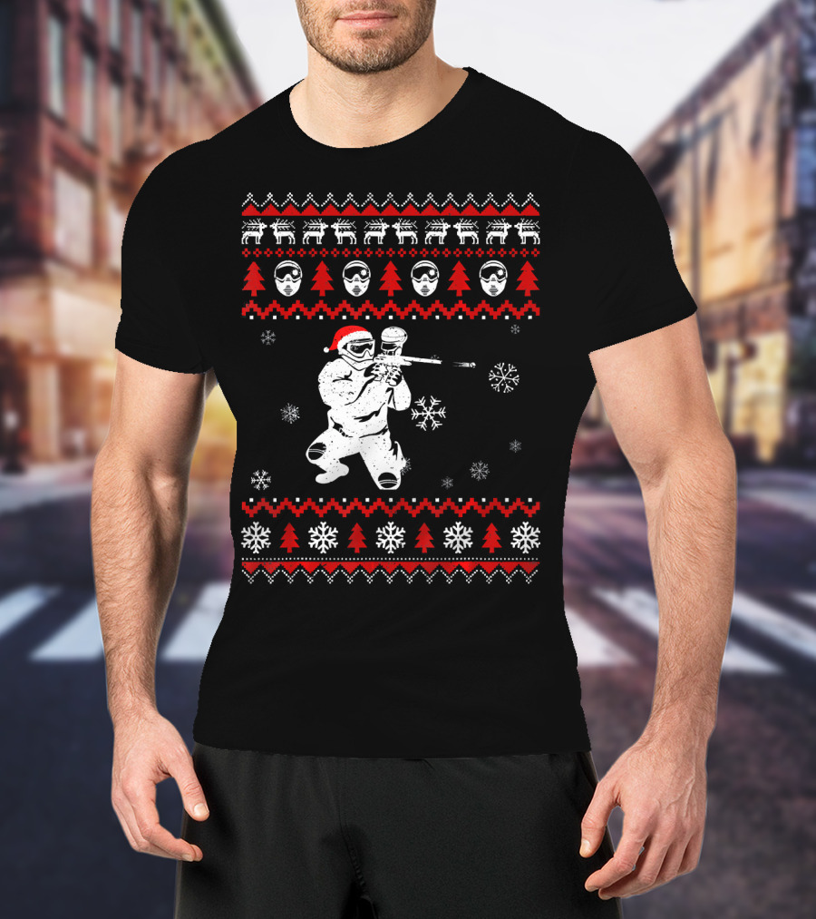 Christmas Paintball Santa Hat Reindeer Snowflakes Ugly T-Shirt